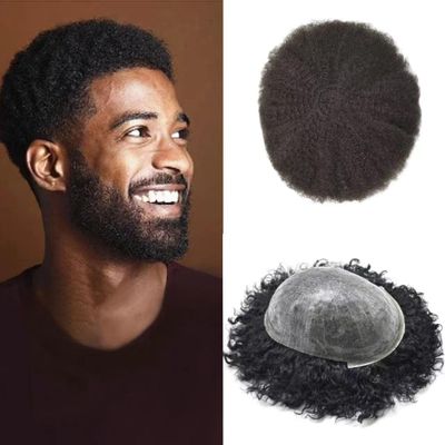 Afro Curly Toupee 0.1mm PU Base Human Hair Units for Black Men African American Afro Wavy Black Mens Hair System Brazilian Hair Wig8 X10#1B Off Black-4mm Wave