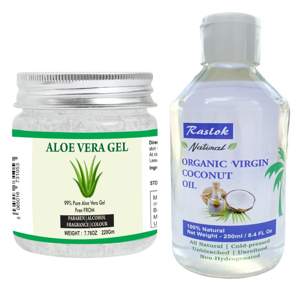 Raslok Aloe Vera Gel 100% Pure & Natural (7.76 OZ) 100% Pure Coconut Oil (250ml) - Moisturizing, Hydrating & Nourishing for Skin & Hair Care, Paraben-Free, Sulfate-Free, Suitable for All Hair