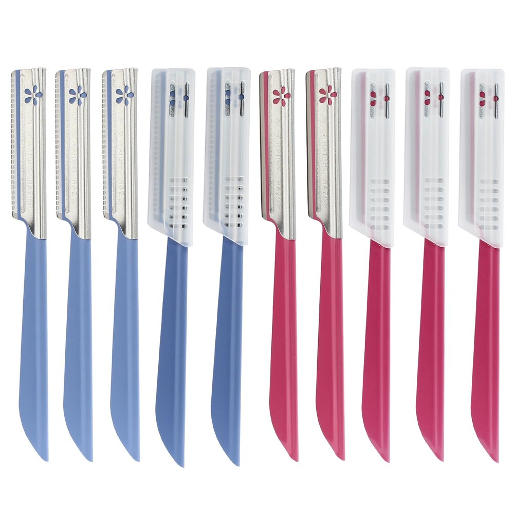 Coufce 10 pcs Eyebrow Razor WomenFace Razors Facial Hair Removal Exfoliating Dermaplaning Tool Face Shavers Upper Lip Hair Removal Travel Razor(Red and Blue)