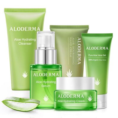 Aloderma Travel Size Hydrating Set - 5 Pieces - Gel, Cream, Serum, Cleanser, Hand Cream