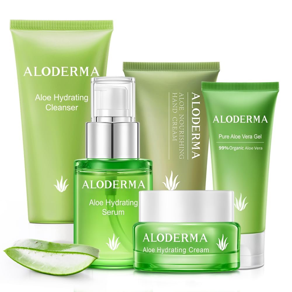 Aloderma Travel Size Hydrating Set - 5 Pieces - Gel, Cream, Serum, Cleanser, Hand Cream