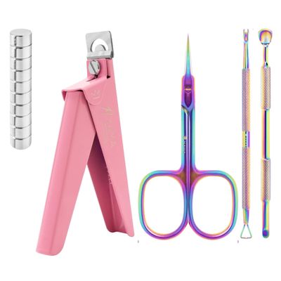 Acrylic False Nail Clippers with Magnets, Cuticle Scissors with Cuticle Pushers, Extra Fine Curved Blade