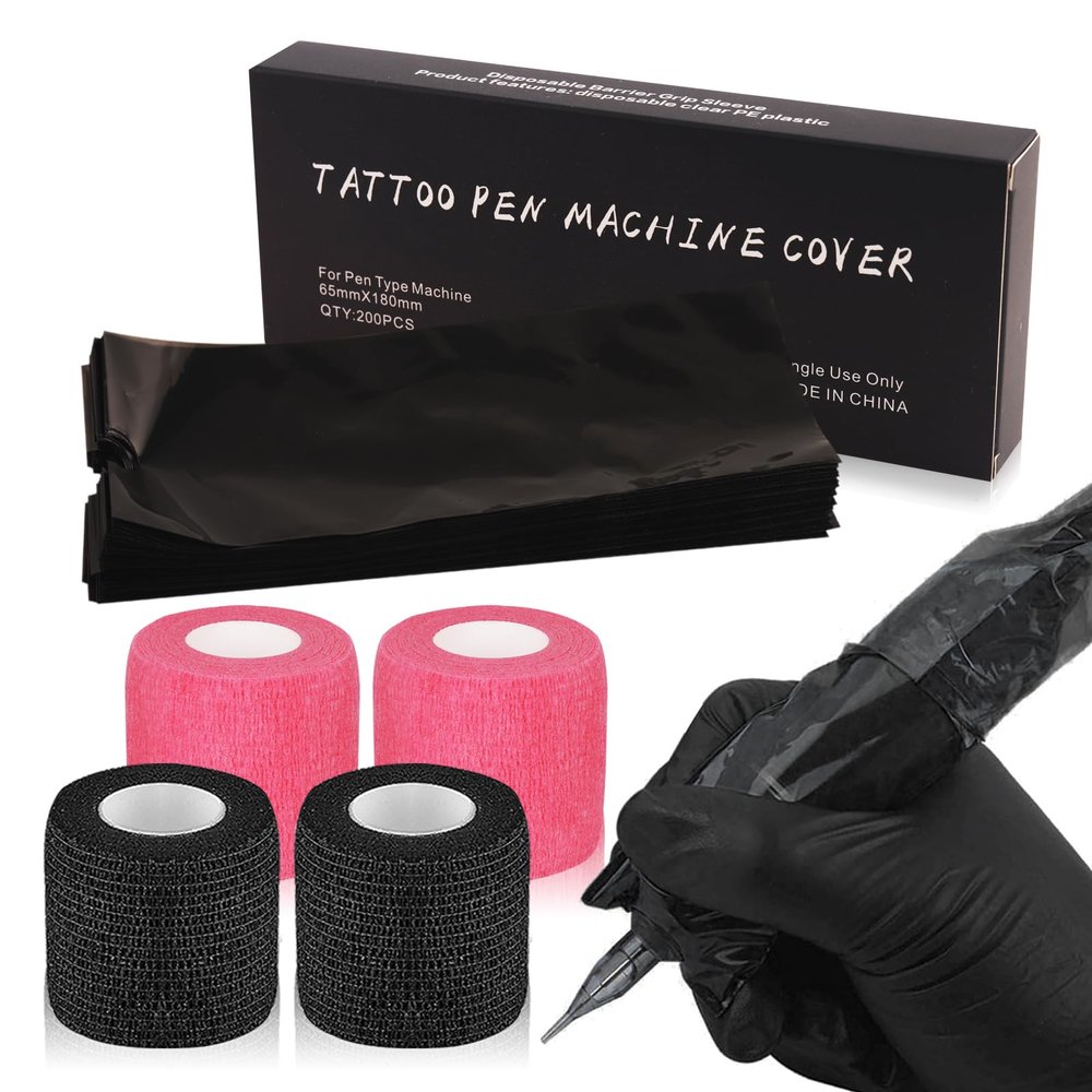 Narkysus 200Pcs Large Tattoo Machine Covers with Black Tattoo Pen Bags and 4Pcs Tattoo Machine Tape Grip Wrap