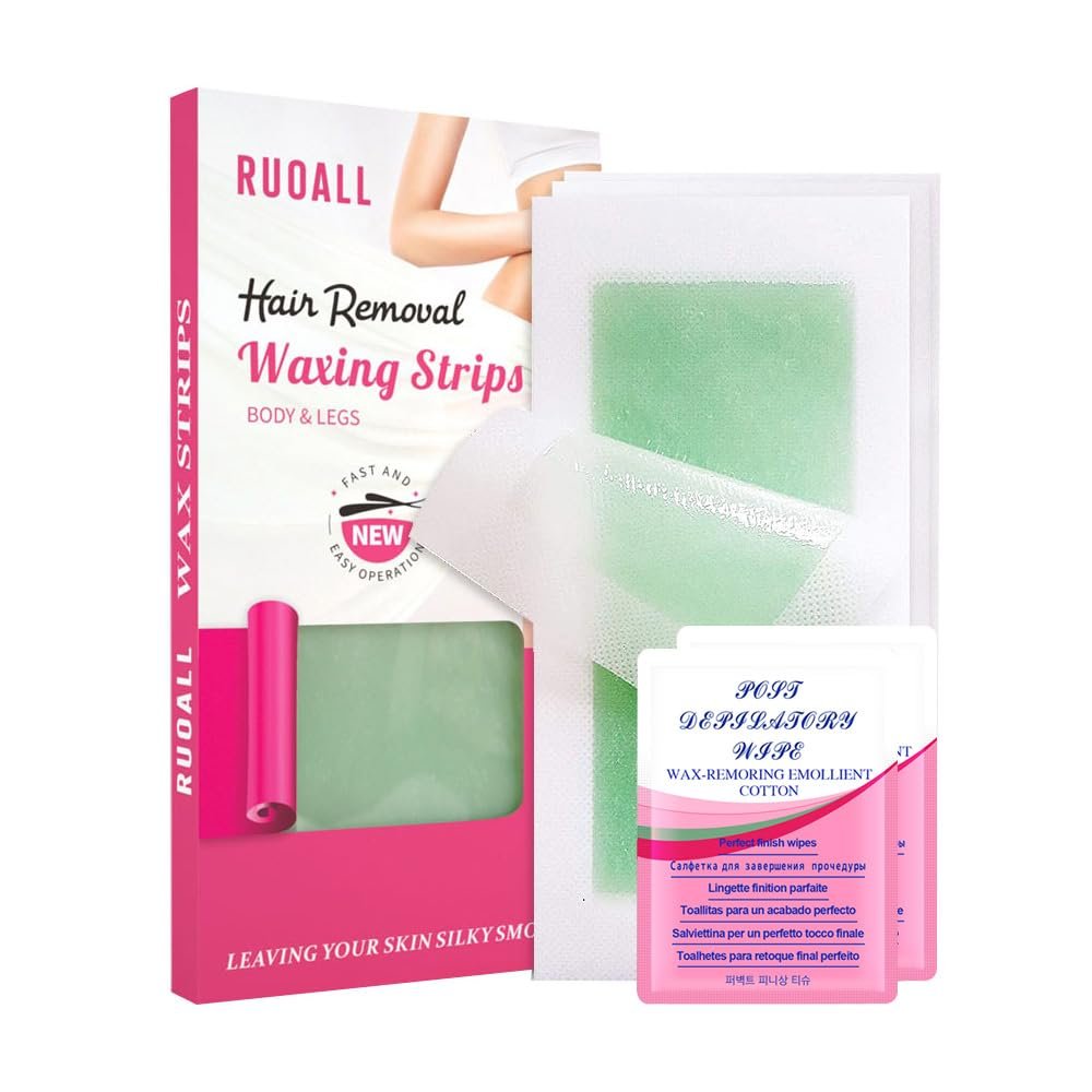 RUOALL Waxing Strips, Double-sided Wax Strips for Hair Removal Bikini Wax Strips for Brazilian Waxing Strips for Face, Eyebrows, Lips, Armpits, Arms, Legs, Bikini - 24 Strips Green