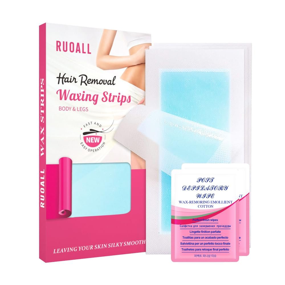 RUOALL Wax Strips for Hair Removal Body Wax Strips, 6 Face Wax Strips and 2 Finish Wipes Body and Facial Hair Removal Waxing Strips for Women and Men Brazilian Wax Strips for Eyebrow-Blue