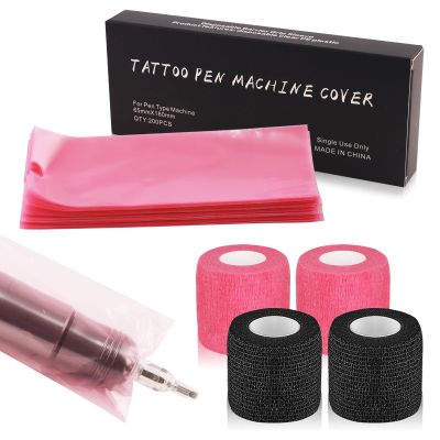 Narkysus Tattoo Machine Covers with Gun Wraps - 200Pcs Pink Machine Sleeves and 4Pcs Grip Tape (2 Black/2 Pink) 2.5"x7.1" Large Pen Bags for Women and Studio Use Tattoo Supplies