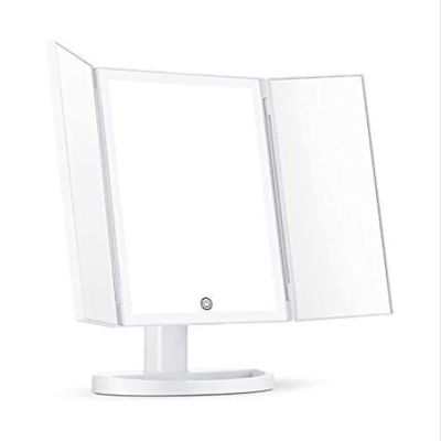 ZWFENG Foldable Makeup Mirror, Vanity Mirror Dimmable LED Lights with Wide-Angle t-Button Screen and Countertop Adjustable