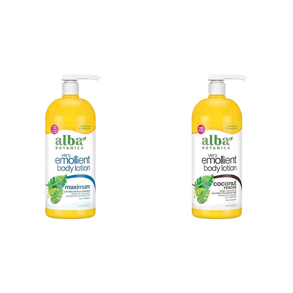 Alba Botanica Very Emollient Body Lotion, Maximum Dry Skin Formula, 32 Oz & Very Emollient Body Lotion, Coconut Rescue, 32 Oz