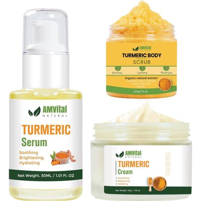 AMVital Turmeric Skincare Set - Scrub, Serum, Cream - Handcrafted, All-Natural - Suitable for All Skin Types