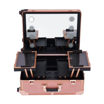 BFDIEEM Aluminum Trolley Makeup Train Case with LED Light Professional Cosmetic 22'' Make up Cosmetic Organizer Studio with Stand Rolling Lighted Makeup Vanity Station 3 Color Light (Champagne Gold)