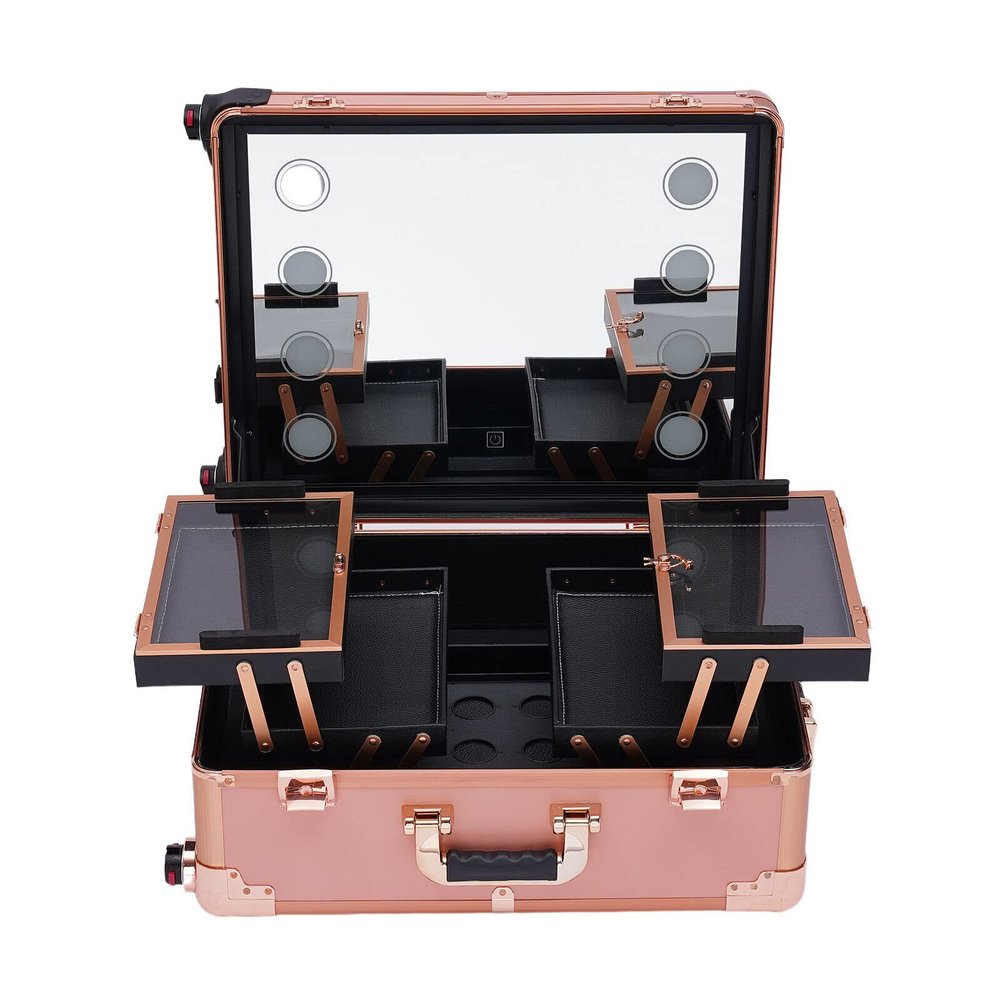BFDIEEM Aluminum Trolley Makeup Train Case with LED Light Professional Cosmetic 22'' Make up Cosmetic Organizer Studio with Stand Rolling Lighted Makeup Vanity Station 3 Color Light (Champagne Gold)