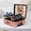 BFDIEEM Aluminum Trolley Makeup Train Case with LED Light Professional Cosmetic 22'' Make up Cosmetic Organizer Studio with Stand Rolling Lighted Makeup Vanity Station 3 Color Light (Champagne Gold) view 3