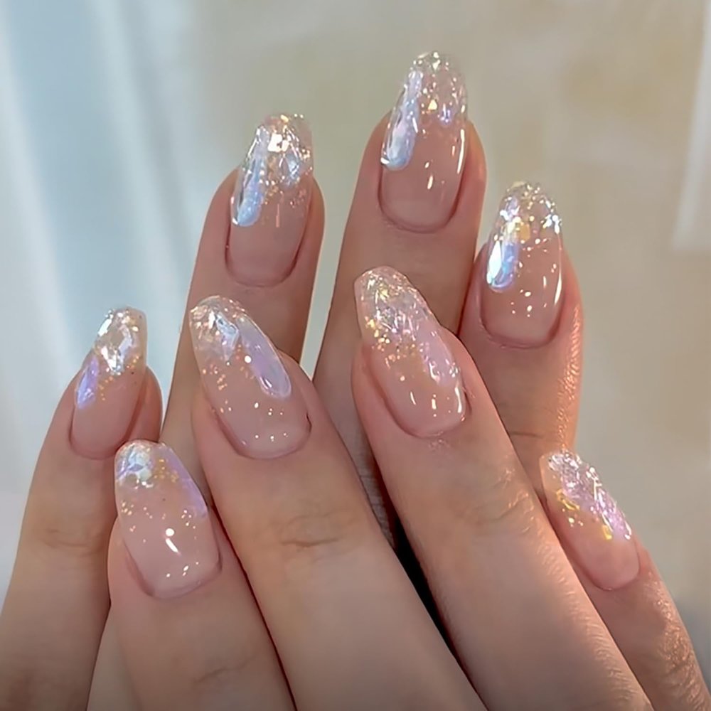 Press on Nails Medium Oval Aurora False Nails Artificial Acrylic Nails Glitter Sequins Gold Foil Design Fake Nails 24Pcs Full Cover Glossy Reusable Coffin Nails Glue on Nails for Women