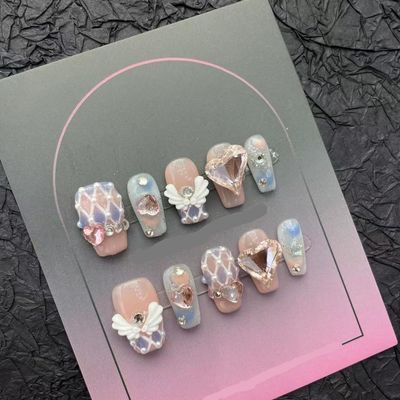 Handmade Nail Wearing and Real Shot Angel Wings Nail Patch Detachable and Reusable (Size : S)