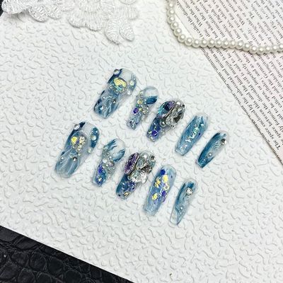 OIEGNFTD Handmade Wearing Armor, Hand Painted Blue Jellyfish Three-Dimensional Ladder Nail Patch, Detachable for Wearing Nail Art (Size : S)