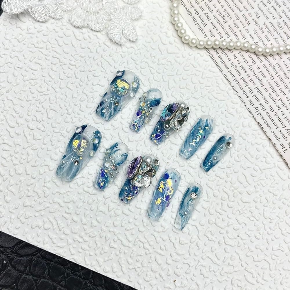 OIEGNFTD Handmade Wearing Armor, Hand Painted Blue Jellyfish Three-Dimensional Ladder Nail Patch, Detachable for Wearing Nail Art (Size : S)