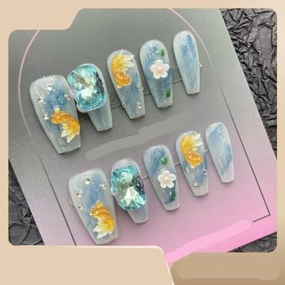 OIEGNFTD Handmade Wearing Nail, Summer Wind, Japanese Style, Fresh Little Goldfish Wearable Nail Beauty, Detachable False Nail Patch (Size : L)