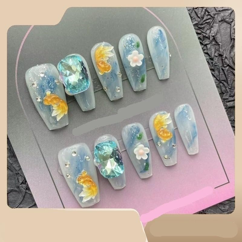 OIEGNFTD Handmade Wearing Nail, Summer Wind, Japanese Style, Fresh Little Goldfish Wearable Nail Beauty, Detachable False Nail Patch (Size : L)