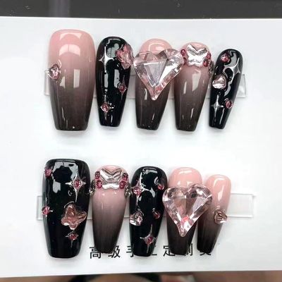 OIEGNFTD Handmade Wearing Nail Black Pink Ink Spicy Girl Cool Style Pink Ink Nail Patch Wearable Nail Removable (Size : L)