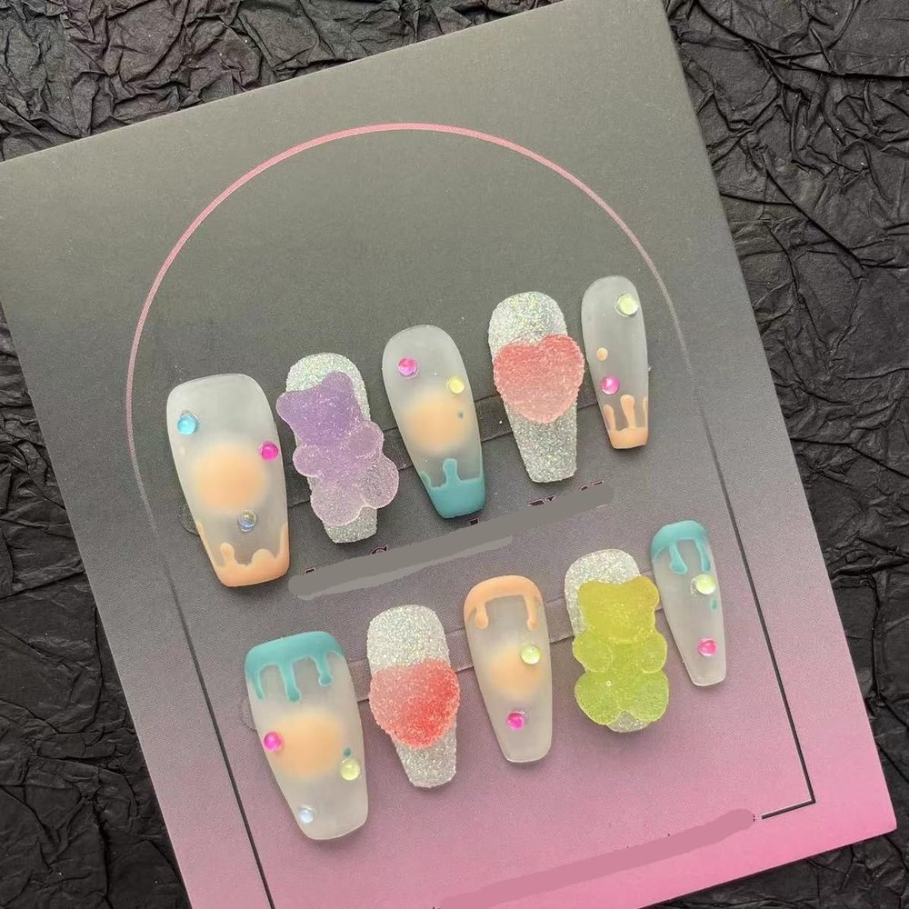 OIEGNFTD Handmade Nail Wearing New Cute Sugar Bear Nail Beauty False Nail Patch, Detachable and Reusable (Size : L)