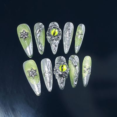 OIEGNFTD Dark long pointed handmade wearing armor with metal illusion long style nail patches that can be reused for nail enhancement (Size : M)