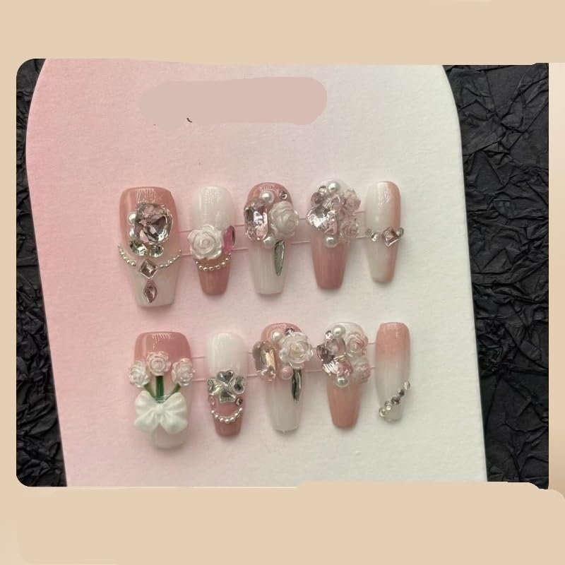 Handmade nail wearing, pink Flower long style drill through, metal illusion long style nail patch (Size : XS)