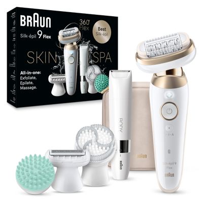 Braun Epilator Silk-pil 9 Flex SkinSpa, Hair Removal Device, 360 Flex and Pivoting Head, Wet and Dry, Includes Shaver Head, Trimmer Comb, Massage Pad, Exfoliation Brush and BodyTrimmer, SES9-481 3D