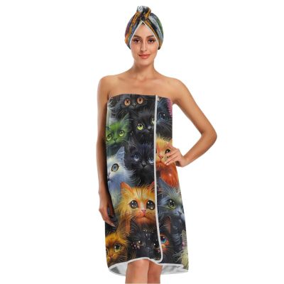 Bulletgxll Cartoon Cats Women's Shower Wrap Towel Set of 3 Adjustable Spa Body Wrap Super Absorbent Bathrobe with Hair Towel & Headband