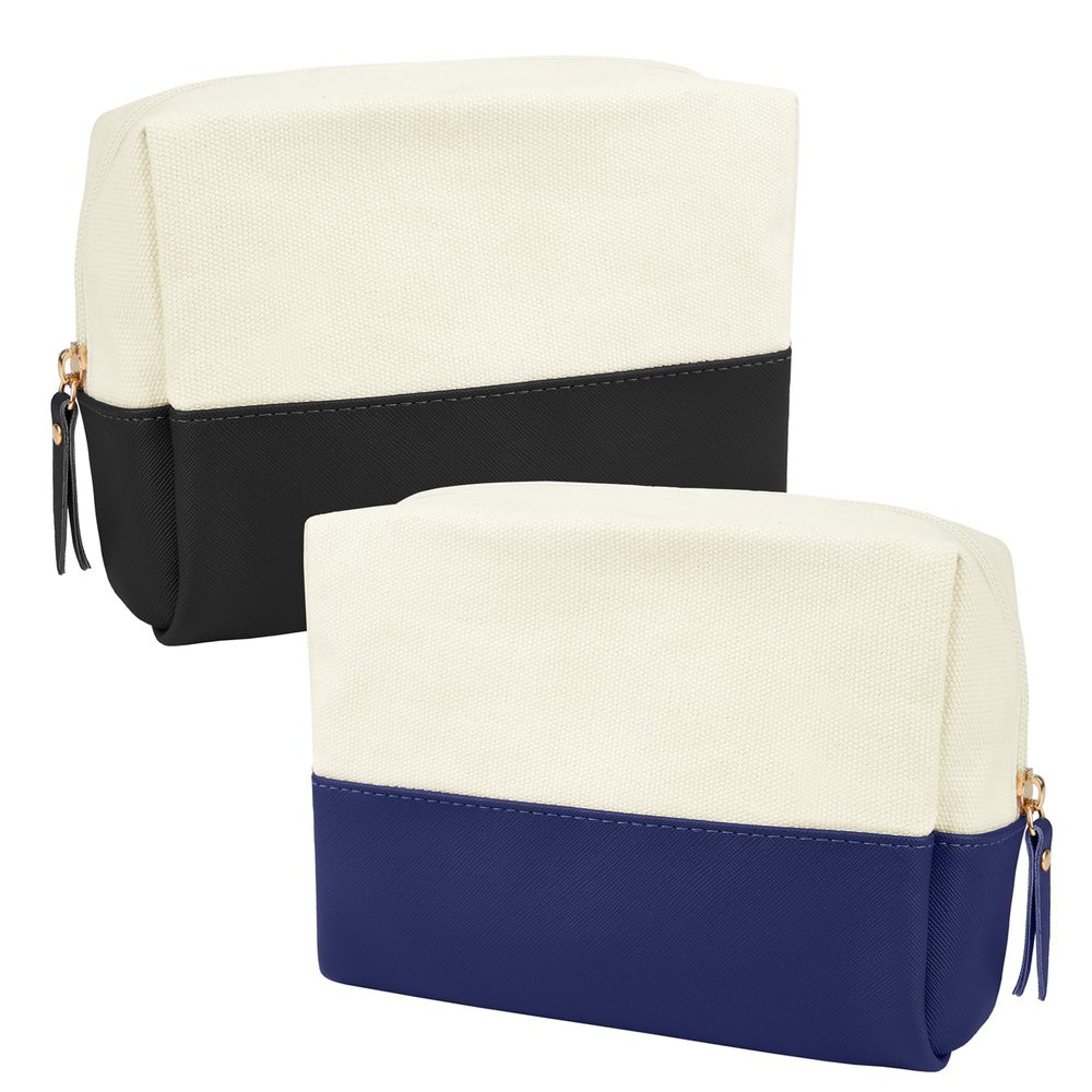 Muka 2 Pack Canvas Makeup Bag with PU Leather Bottom, Large Capacity Travel Cosmetic Case-Black & Navy