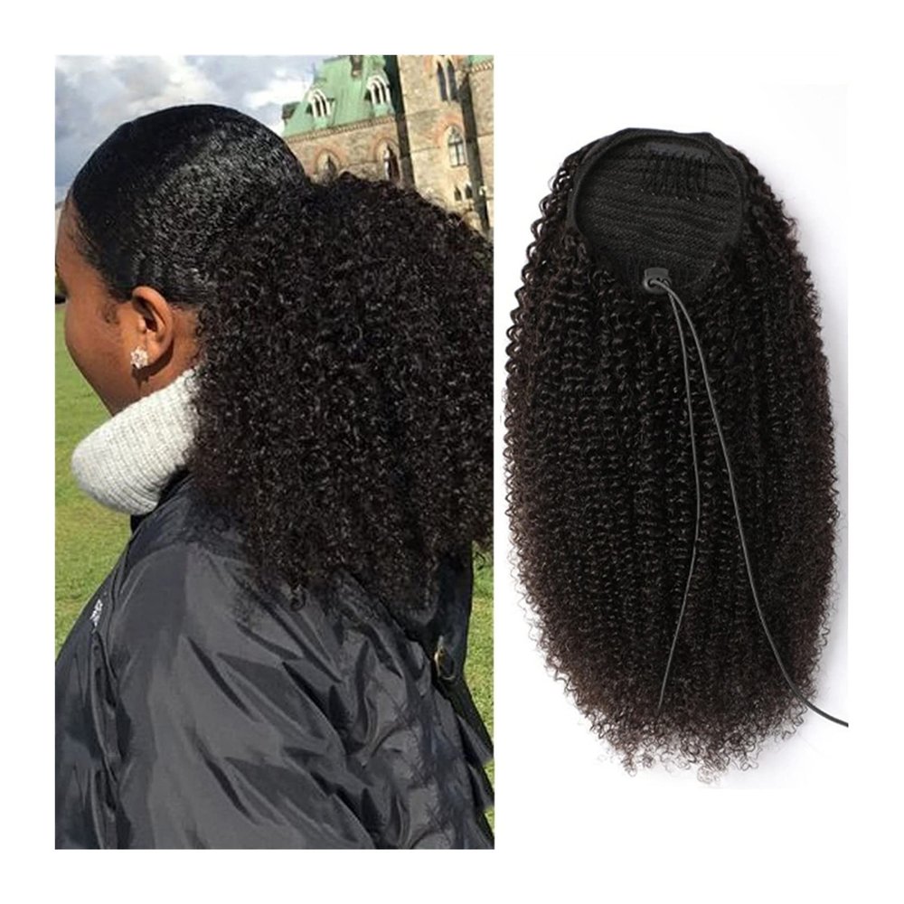 SONGCHAO Fake Hair Bun 10-28 Inch Drawstring Ponytail Real Hair Mongolian Black Curly Ponytail Hair Extension Hairpin Ponytail Wig Hair Bun Hair Accessories (Color : A, Size : 10 inch)