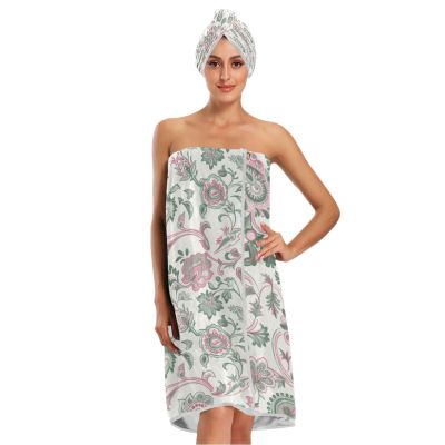 Bulletgxll Pink and Green Paisley Women's Shower Wrap Towel Set of 3 Adjustable Spa Body Wrap Super Absorbent Bathrobe with Hair Towel & Headband