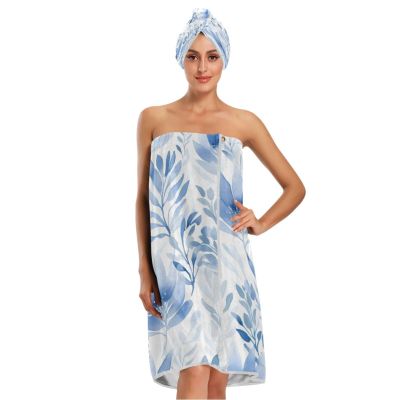 Bulletgxll Blue Leaves Women's Shower Wrap Towel Set of 3 Adjustable Spa Body Wrap Super Absorbent Bathrobe with Hair Towel & Headband