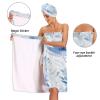 Bulletgxll Blue Leaves Women's Shower Wrap Towel Set of 3 Adjustable Spa Body Wrap Super Absorbent Bathrobe with Hair Towel & Headband view 4