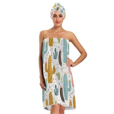 Bulletgxll Cartoon Cactus Women's Shower Wrap Towel Set of 3 Adjustable Spa Body Wrap Super Absorbent Bathrobe with Hair Towel & Headband