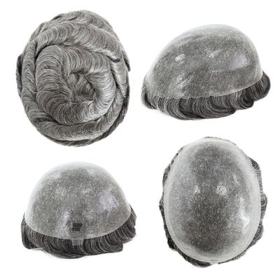 HAIR NATURE Mens Toupee, Human Hair Replacement Systems, 0.12mm Knotted Poly Skin Grey Hairpieces #1B65