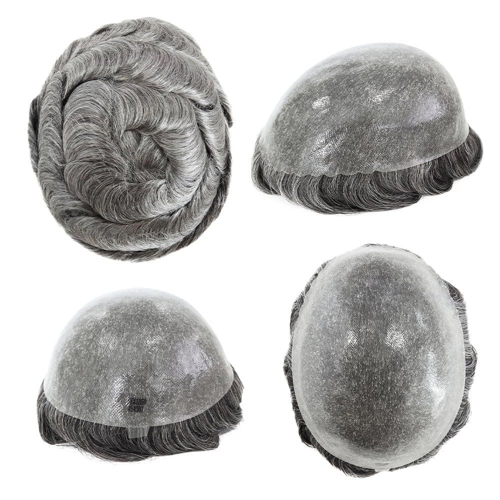 HAIR NATURE Mens Toupee, Human Hair Replacement Systems, 0.12mm Knotted Poly Skin Grey Hairpieces #1B65