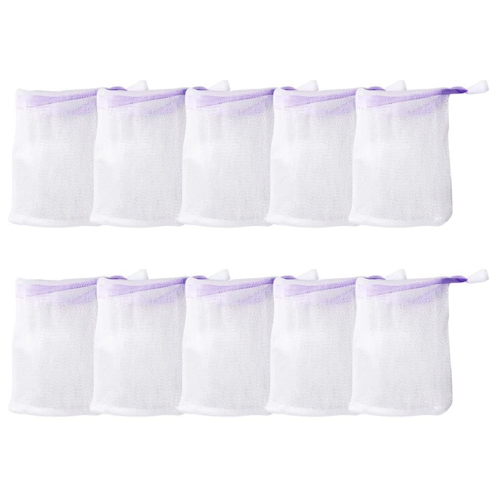 10 Pcs Foaming Mesh Bag, Portable Face Cleansing Foaming Nets Hangable Mesh Soap Pouch, Bubble Foam Double Layer Net with Drawstring
