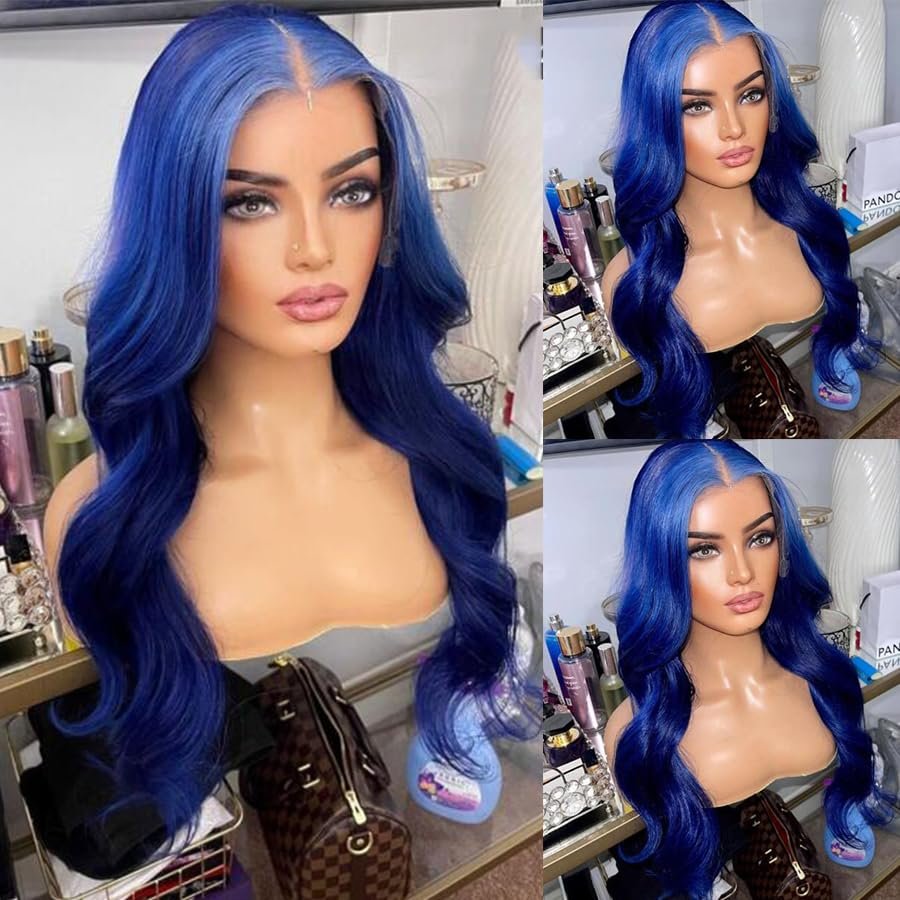 13x4 Body Wave Blue Colored Lace Front Wigs Human Hair Transparent Lace Frontal Wigs Pre Plucked with Baby Hair Glueless Blue Human Hair Wig for Women (13x4 lace front wig, 24 inch)