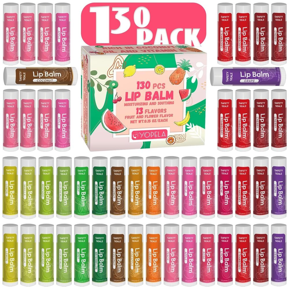 130 Pack Natural Lip Balm Bulk with Vitamin E and Coconut Oil Valentine's Choice Gift - Moisturizing, Soothing, and Repairing Dry and Chapped Lips - 10 Flavors - Non-GMO