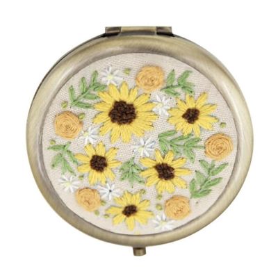 BYVUTE Embroidery Pocket Mirror Kit, DIY Vintage Compact Portable Floral Round Mirror Travel 3D Mirrors Personal Cosmetic Metal Foldable Mirror for Women Girls (Round F)