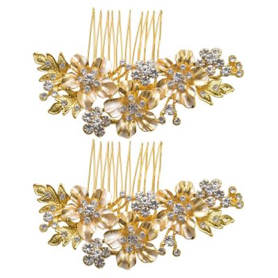 Baglaum 2X Wedding Bridal Hair Combs Vintage Imitation Crystal Hairpins Prom Jewelry Flower Pattern Hair Accessories Women Gold