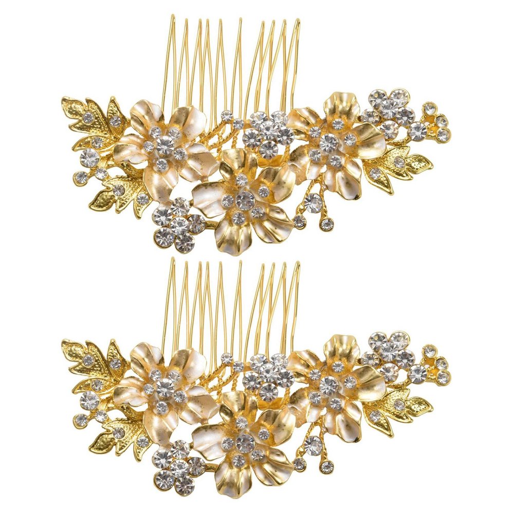 Baglaum 2X Wedding Bridal Hair Combs Vintage Imitation Crystal Hairpins Prom Jewelry Flower Pattern Hair Accessories Women Gold