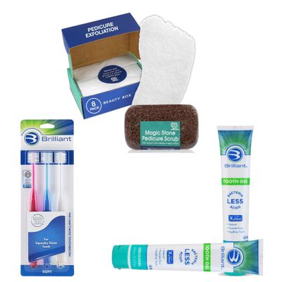 HartFelt Foot Care and Brilliant Oral Care Bundle with Face Scrub, Adult Soft Toothbrush and Toothpaste