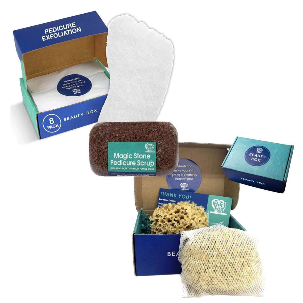 HartFelt Beauty Box Bundle with Exfoliation Foot Scrub and Delicate Skin Wool Sea Sponge, Shower Sponges for Women & Men, Shower Scrubber Gift Box