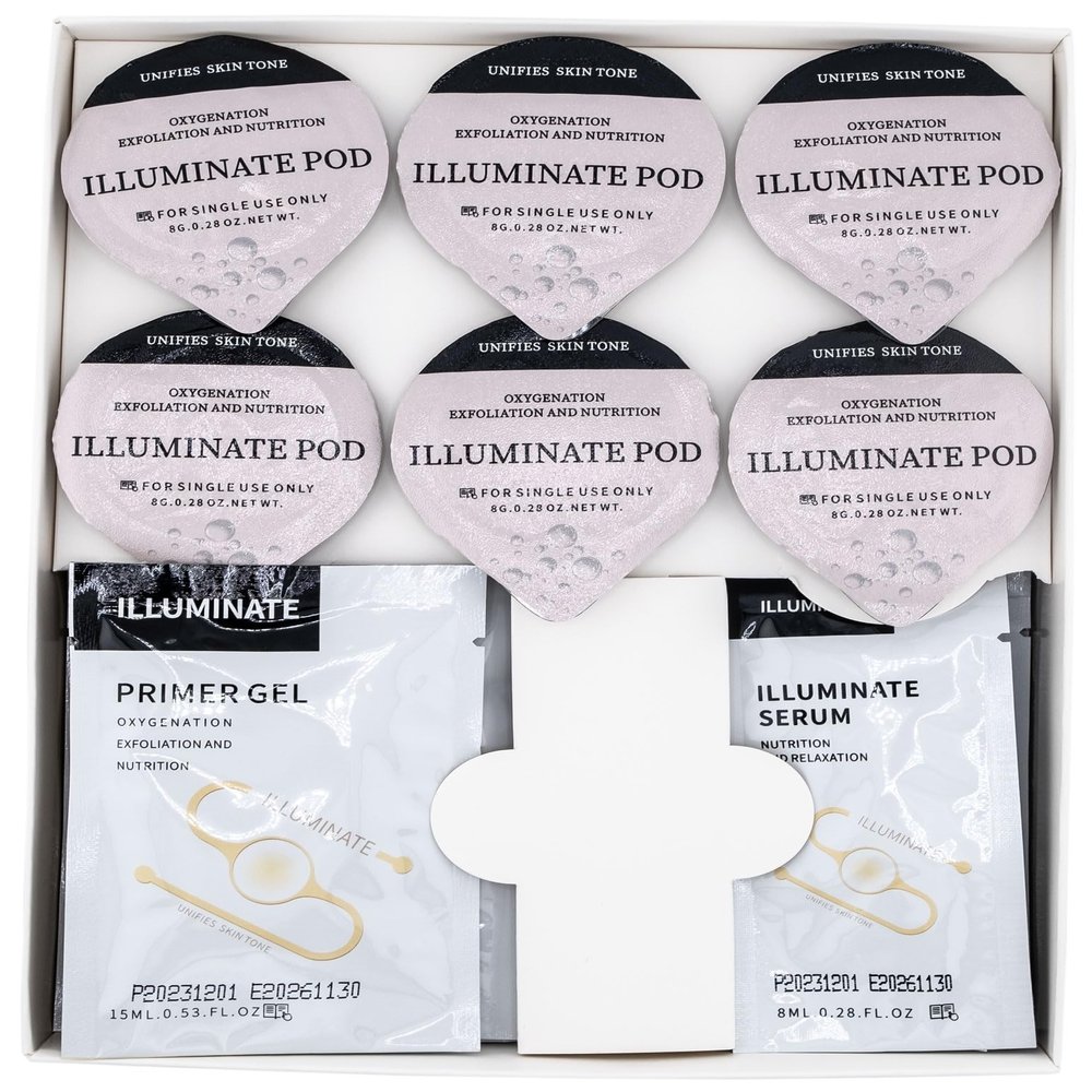 Illuminate Pods - Oxygen Facial CO2 Therapy, Home Facial, 6 Pods + 6 Primer Gel + 6 Serum After Treatment (New Formula Less Foam)