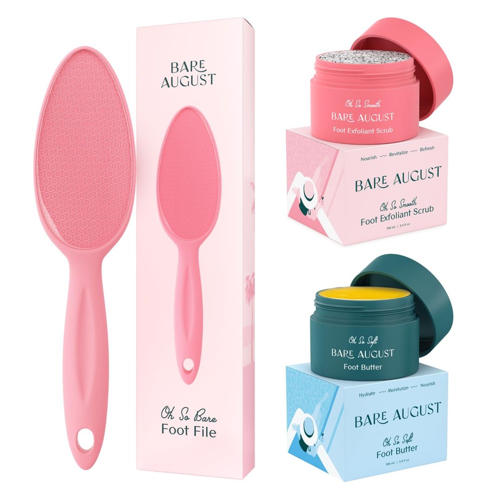 Bare August Glass Foot File, Foot Cream & Foot Scrub Exfoliator Bundle