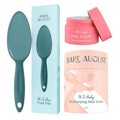 Bare August Glass Foot File, Heel Socks & Foot Scrub Bundle for Dry, Cracked Feet