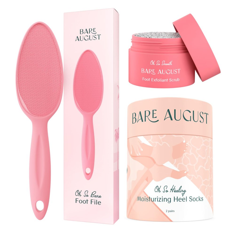 Bare August Glass Foot File, Heel Socks & Foot Scrub Bundle for Dry, Cracked Feet