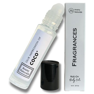 Avany Naturals Scented Body Oils for Women - Roll On Fragrance Samples, Small Travel Size Perfume, Vacation Essentials & Purse Accessories 10 ml Bottle (CocoChanel Inspired)