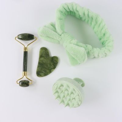 4-Pcs Jade Roller and Gua Sha Set, Jade Roller for Face, Gua Sha, Jade Roller, Gua Sha Stone, Head Band, and Head Brush